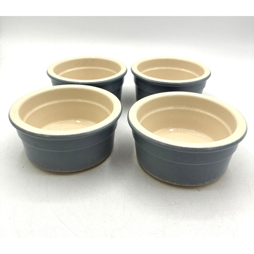 Set of 4 Regas Stoneware Ramekins Blue Cream 3.5” Souffle Custard Bowls